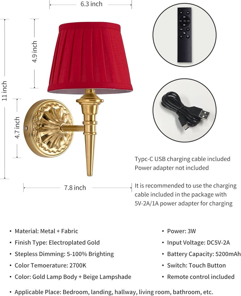 KDG Cordless Wall Sconces Set of 2, Small Wireless 5200mAh Rechargeable Battery Fabric LED Wall Lamps, Portables Lightings for Wall Painting, Living Room, Bedroom, Hallway, Gifts, Night Light (Red) - Image 5